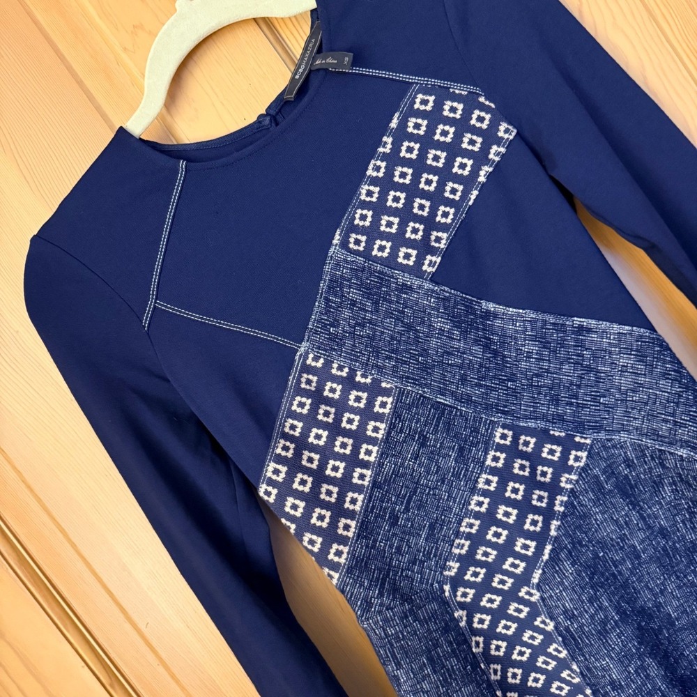BCBGMAXAZRIA Mini Dress XS Navy Blue Mixed Media Patchwork Long Sleeve - Picture 16 of 16